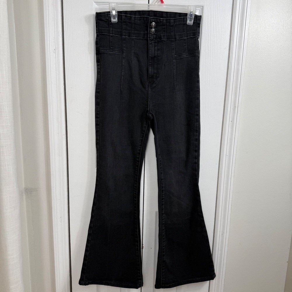 Free People We The Free Jeans Womens 31 Black High Rise Flare Retro Boho